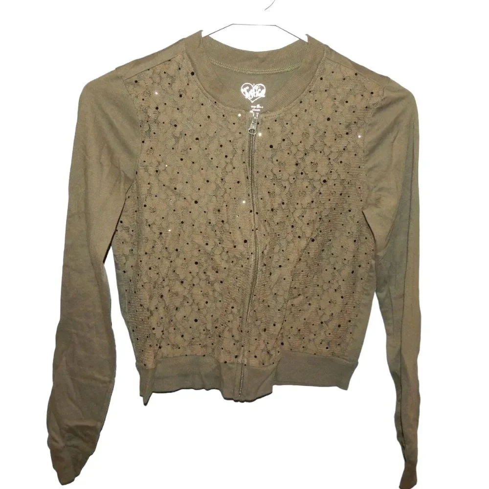 Justice girls 16 olive green floral lace vintage full zip thin casual jacket
